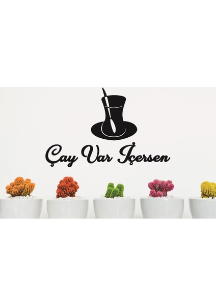 Duvar Dekoru Çay Var Içersen Yazısı + 3 Lü Kaktüs Tablosu 2 Çeşit Tablo