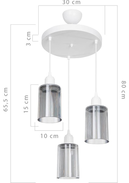 Aksel 3'lü Avize Füme Optik Camlı Beyaz