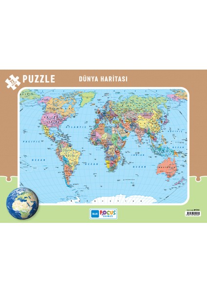 Blue Focus Dünya Haritası Frame Puzzle 72 Parça