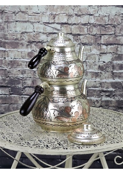1 mm Kalın Gümüşlü Gül Çiçek Bakır Çaydanlık