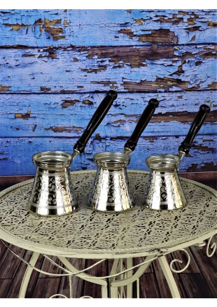 Ahşap Saplı Nikelli Üçlü Bakır Cezve Takımı