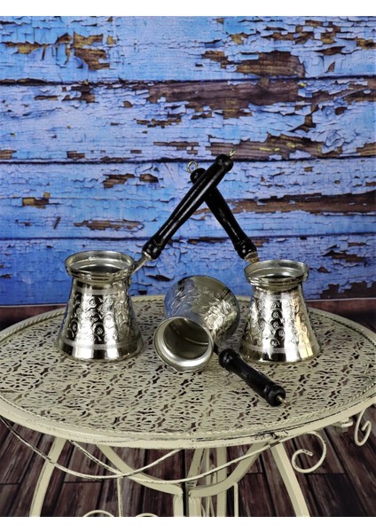 Ahşap Saplı Nikelli Üçlü Bakır Cezve Takımı