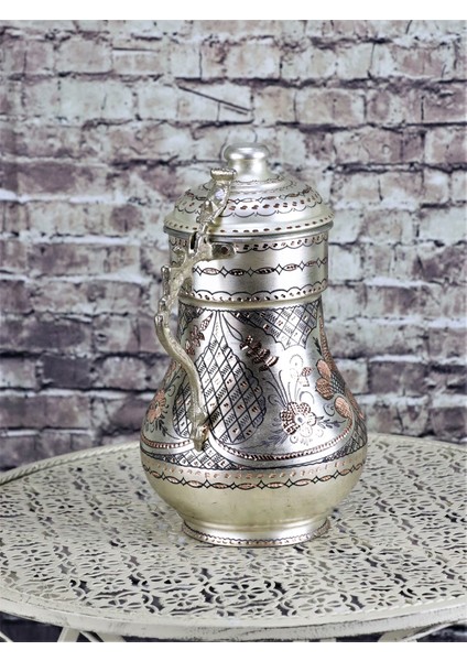 Gül Çiçek Kapaklı Gümüşlü Işlemeli Bakır Sürahi fırsatları
