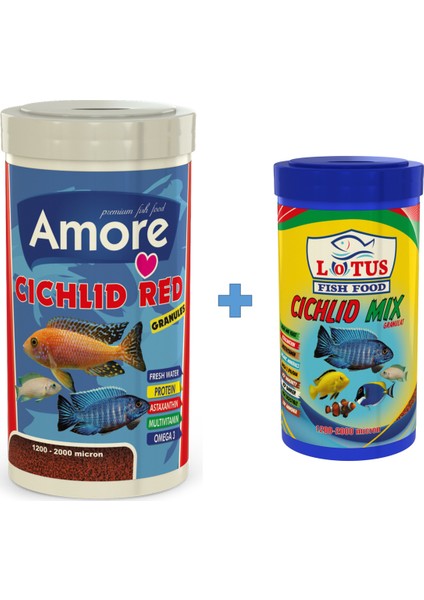 Cichlid Red 1000 ml + Lotus Cichlid Mix 250 ml Malawi Balık Yemi