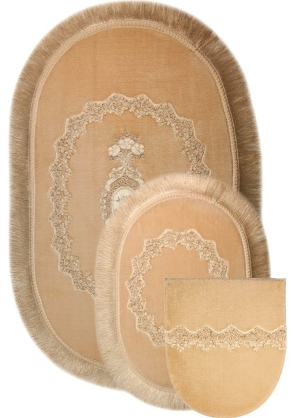 Exclusive Oval Vizon 3lü Klozet Takımı Çeyizlik Banyo Halısı Paspası Seti