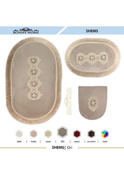 Shems Gri 3lü Dantelli ve Saçaklı Klozet Takımı Banyo Halısı Paspası Seti