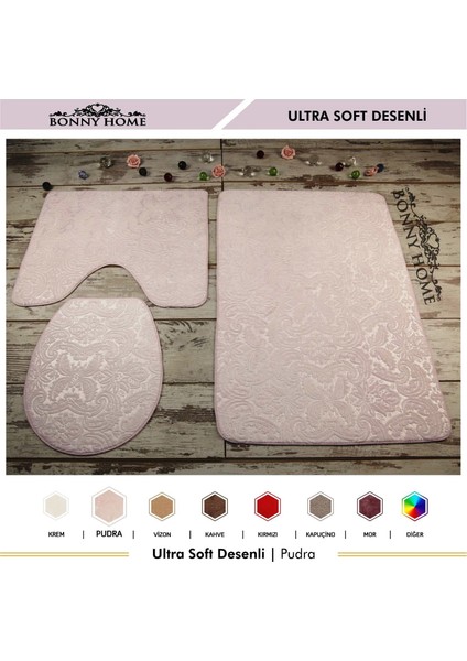 Ultrasoft Desenli 3lü Pudra Klozet Takımı Banyo Halısı Paspası Seti