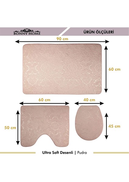 Ultrasoft Desenli 3lü Pudra Klozet Takımı Banyo Halısı Paspası Seti
