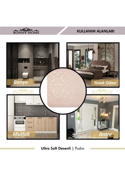 Ultrasoft Desenli 3lü Pudra Klozet Takımı Banyo Halısı Paspası Seti