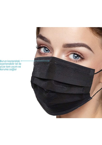 Tek Kullanımlık 3 Katlı Telli Cerrahi Maske 50 Adet x 1 Kutu Siyah