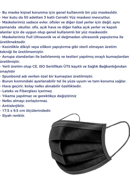 Tek Kullanımlık 3 Katlı Telli Cerrahi Maske 50 Adet x 1 Kutu Siyah