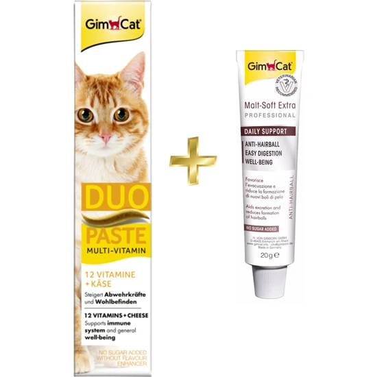 Gimcat Duo Paste Peynirli Vitamin Paste 50 gr + Gimcat Anti-Hairball Malt Kedi Tüy Yumağı Macunu 20 gr ARDA008