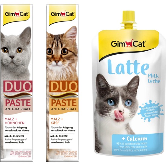 Gimcat Duo Paste Tavuklu Malt Kedi Macunu 50 gr + Peynirli Malt Kedi Macunu 50 gr + Gimcat Milk Latte Calcium Sıvı Kedi Sütü 200 ml ARDA017