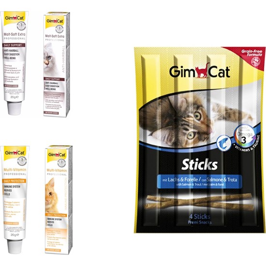 Gimcat Multi Vitamin 20 gr Paste + Anti-Hairball Malt 20 gr Paste Kedi Macunları + Gimcat Sticks Somonlu ve Alabalıklı Kedi Ödülü 1 Paket 20 gr ARDA003