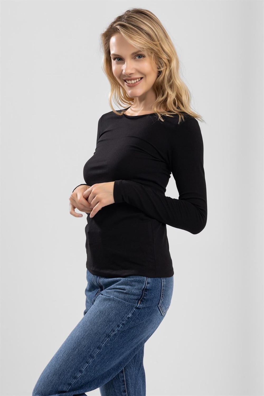Baykar Kadın Pamuklu Bisiklet Yaka Uzun Kollu Penye Basic Body Siyah görsel 7