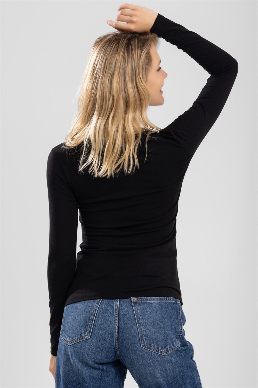 Baykar Kadın Pamuklu Bisiklet Yaka Uzun Kollu Penye Basic Body Siyah