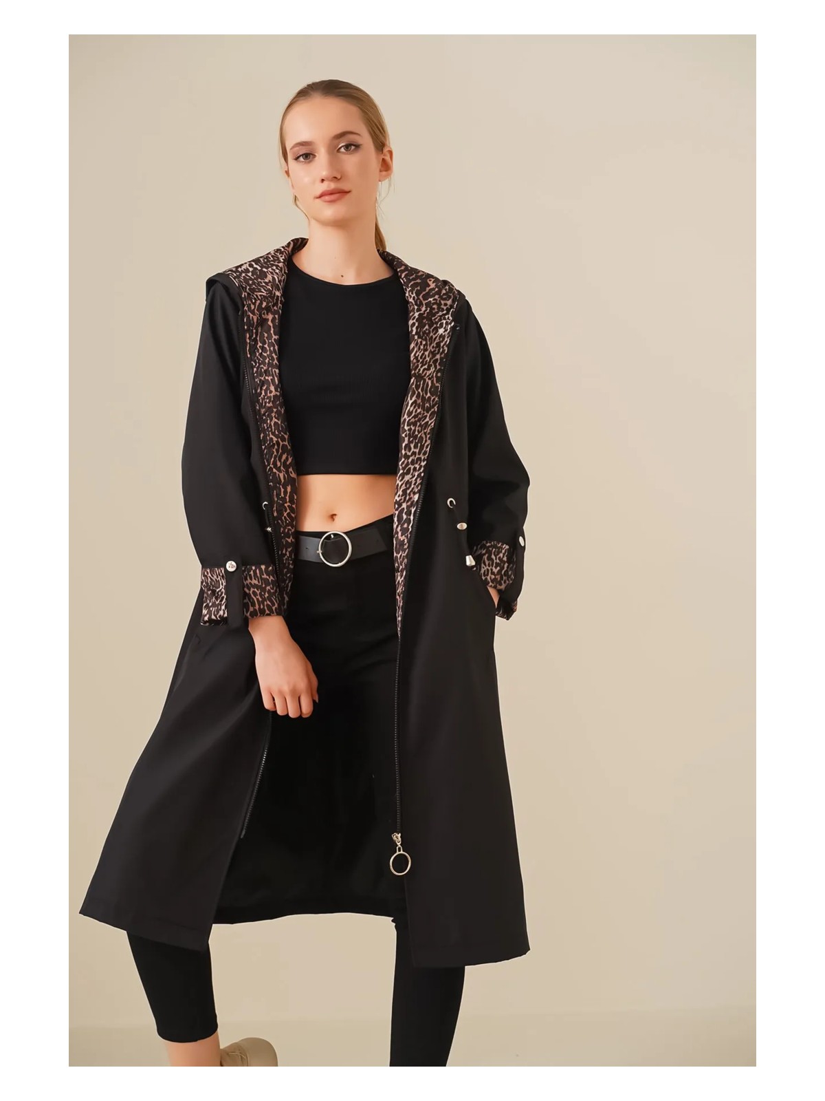 Rodi Kadın Leopar Kol Katlamalı Trenchcoat DS22YB119091 - Görsel 3