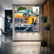 SML Tablo Sarı Nostaljik Araba Şehir Hayatı Taksi Kanvas Tablo