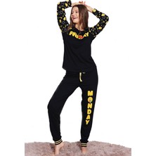 Vienetta Siyah Kadın Bisiklet Yaka Uzun Kollu Manşetli Iki Iplik Pamuklu Eşofman Takım 3687