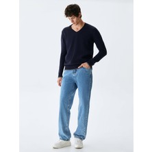 LTB Erkek Kontrast Şeritli V Yaka Lacivert Kazak