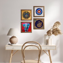 Pinecone Stone Fil, Tavus Kuşu, Nazar Ahşap Çerçeveli Taş Duvar Tablosu 4’lü Set – 25x25 cm Dekoratif Modern Sanat – Ev ve Ofis Dekoru |W4-341|