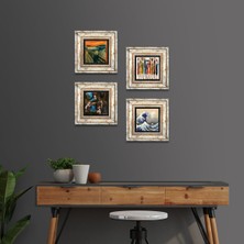 Pinecone Stone Leonardo da Vinci, Büyük Dalga Japon Sanatı, Çığlık, Yerli Kadınlar Çerçeveli Taş Duvar Tablosu 4’lü Set - Dekoratif Modern Sanat, Ev ve Ofis Dekoru |TK4-1714|