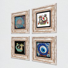 Pinecone Nazar, Yaşam Çiçeği, Şahmeran Taş Duvar Tablosu Çerçeveli Duvar Dekoru 4 Parça Tablo Seti Wall Art T4-1531