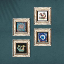 Pinecone Nazar, Yaşam Çiçeği, Şahmeran Taş Duvar Tablosu Çerçeveli Duvar Dekoru 4 Parça Tablo Seti Wall Art T4-1531