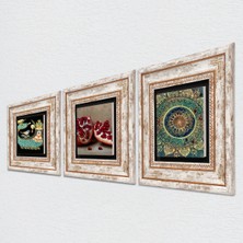 Pinecone Mandala, Şahmeran, Nar Taş Duvar Tablosu Çerçeveli Duvar Dekoru 3 Parça Tablo Seti Wall Art T3-1012