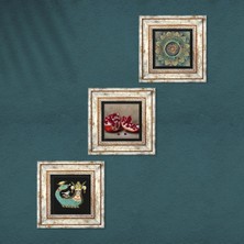 Pinecone Mandala, Şahmeran, Nar Taş Duvar Tablosu Çerçeveli Duvar Dekoru 3 Parça Tablo Seti Wall Art T3-1012