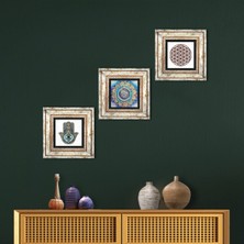 Pinecone Stone Mandala, Yaşam Çiçeği, Fatma Ana Eli (Hamsa) Çerçeveli Taş Duvar Tablosu 3’lü Set - Dekoratif Modern Sanat, Ev ve Ofis Dekoru |TK3-118|