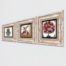 Pinecone Semazen, Nar Ağacı, Fatma Ana Eli (Hamsa) Taş Duvar Tablosu Çerçeveli Duvar Dekoru 3 Parça Tablo Seti Wall Art T3-07