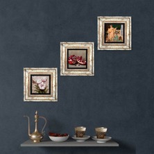 Pinecone Stone İki Müzisyen Kız Tablosu, Kelebekli Çiçek, Nar Çerçeveli Taş Duvar Tablosu 3’lü Set - Dekoratif Modern Sanat, Ev ve Ofis Dekoru |TK3-1207|