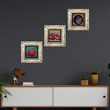 Pinecone Stone Tavus Kuşu, Nar Çerçeveli Taş Duvar Tablosu 3’lü Set - Dekoratif Modern Sanat, Ev ve Ofis Dekoru |TK3-825|