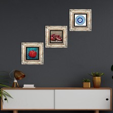 Pinecone Nazar, Nar Taş Duvar Tablosu Çerçeveli Duvar Dekoru 3 Parça Tablo Seti Wall Art T3-840