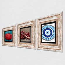 Pinecone Nazar, Nar Taş Duvar Tablosu Çerçeveli Duvar Dekoru 3 Parça Tablo Seti Wall Art T3-840