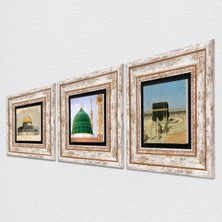 Pinecone Kabe-i Muazzama, Mescid-i Aksa, Ravza-i Mutahhara Taş Duvar Tablosu Çerçeveli Duvar Dekoru 3 Parça Tablo Seti Wall Art T3-1894