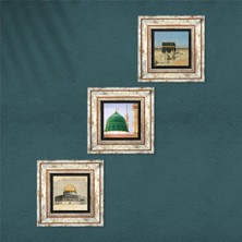 Pinecone Kabe-i Muazzama, Mescid-i Aksa, Ravza-i Mutahhara Taş Duvar Tablosu Çerçeveli Duvar Dekoru 3 Parça Tablo Seti Wall Art T3-1894