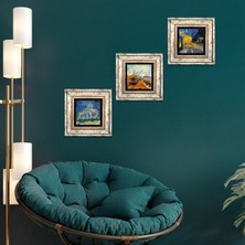 Pinecone Stone Van Gogh Kilise, Kafe Terasta Gece, Balıkçı Tekneleri Çerçeveli Taş Duvar Tablosu 3’lü Set - Dekoratif Modern Sanat, Ev ve Ofis Dekoru |TK3-483|