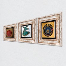Pinecone Semazen, Nazar Boncuğu, Bereket Duası Taş Duvar Tablosu Çerçeveli Duvar Dekoru 3 Parça Tablo Seti Wall Art T3-289