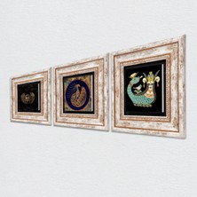 Pinecone Horus'un Gözü, Tavus Kuşu, Şahmeran Taş Duvar Tablosu Çerçeveli Duvar Dekoru 3 Parça Tablo Seti Wall Art T3-454