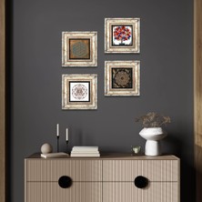Pinecone Stone Yaşam Çiçeği, Sri Yantra, Nar Ağacı Çerçeveli Taş Duvar Tablosu 4’lü Set - Dekoratif Modern Sanat, Ev ve Ofis Dekoru |TK4-1017|