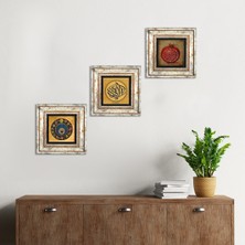 Pinecone La İlahe İllallah, Nazar, Bereket Duası Taş Duvar Tablosu Çerçeveli Duvar Dekoru 3 Parça Tablo Seti Wall Art T3-297