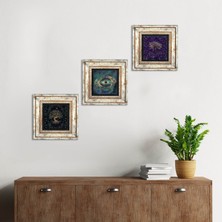 Pinecone Stone Nazar, Hayat Ağacı Çerçeveli Taş Duvar Tablosu 3’lü Set - Dekoratif Modern Sanat, Ev ve Ofis Dekoru |TK3-1927|
