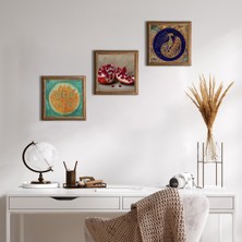 Pinecone Lotus Çiçeği, Tavus Kuşu, Nar Taş Duvar Tablosu Ahşap Çerçeveli Duvar Dekoru 3 Parça Tablo Seti Wall Art W3-1658