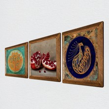 Pinecone Lotus Çiçeği, Tavus Kuşu, Nar Taş Duvar Tablosu Ahşap Çerçeveli Duvar Dekoru 3 Parça Tablo Seti Wall Art W3-1658