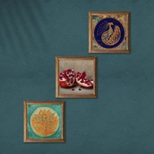 Pinecone Lotus Çiçeği, Tavus Kuşu, Nar Taş Duvar Tablosu Ahşap Çerçeveli Duvar Dekoru 3 Parça Tablo Seti Wall Art W3-1658