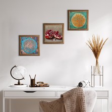 Pinecone Stone Yaşam Çiçeği, Lotus Çiçeği, Nar Ahşap Çerçeveli Taş Duvar Tablosu 3’lü Set – 25x25 cm Dekoratif Modern Sanat – Ev ve Ofis Dekoru |W3-1668|