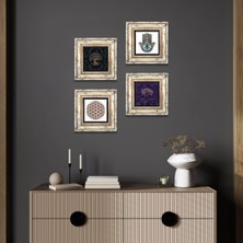Pinecone Stone Yaşam Çiçeği, Hayat Ağacı, Fatma Ana Eli (Hamsa) Çerçeveli Taş Duvar Tablosu 4’lü Set - Dekoratif Modern Sanat, Ev ve Ofis Dekoru |TK4-1171|