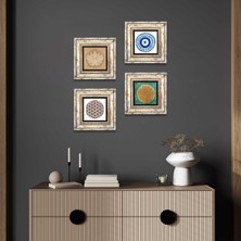 Pinecone Stone Nazar, Lotus Çiçeği, Yaşam Çiçeği Çerçeveli Taş Duvar Tablosu 4’lü Set - Dekoratif Modern Sanat, Ev ve Ofis Dekoru |TK4-1001|